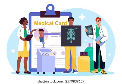 Team of radiologists. Man and woman in medical uniform near patient with Xray. Healthcare and medicine. Diagnosis and treatment. Respiratory system analysis. Flat vector illustration