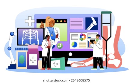 Equipe de radiologistas. Homem e mulher de uniforme médico perto do raio do pé. Roentgen da perna. Diagnóstico e tratamento. Anatomia e biologia. Consulta médica online. Ilustração de vetor plano