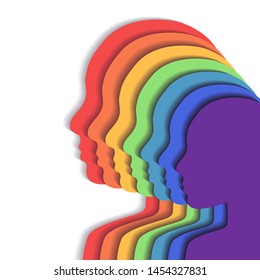 Team rainbow people in profile. Layered paper cut illustration. Unity and recognition of orientation. 3d origami silhouettes. Vector element for cards, banners and your creativity