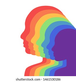 Team rainbow people in profile. Layered illustration. Unity and recognition of orientation. Colorful silhouettes. Vector element for cards, banners and your creativity