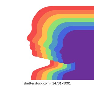 Team rainbow people in profile. Layered illustration. Unity and recognition of orientation. Colorful silhouettes. Vector template for slide, cards, banners and your creativity