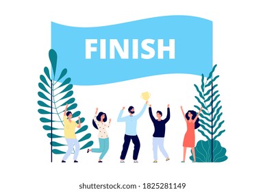 Team reached goal. Successful project finish, leadership competition. Business winners, man and happy people with gold cup vector illustration