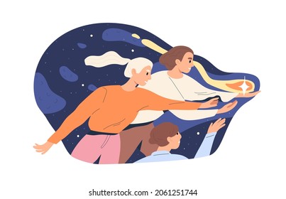 Team reaching success and catching luck. Fortune and achievement concept. Successful people getting star for teamwork, succeeding in business. Flat vector illustration isolated on white background