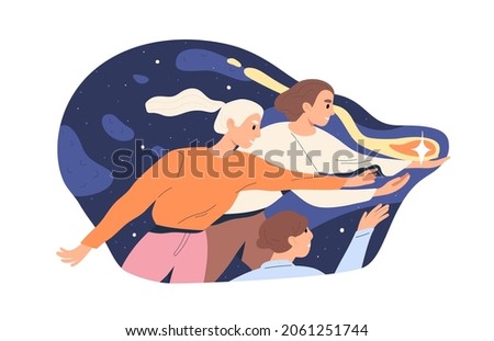 Team reaching success and catching luck. Fortune and achievement concept. Successful people getting star for teamwork, succeeding in business. Flat vector illustration isolated on white background