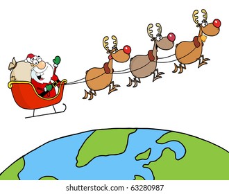 Team Of Reindeer And Santa In His Sleigh Flying