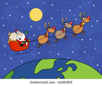 Team Of Reindeer And Santa In His Sleigh