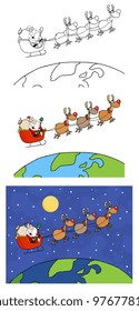 Team Of Reindeer And Santa In His Sleigh. Vector Collection
