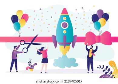 Team rejoices in successful launch of project. Man at startup ceremony cut ribbon with scissors. Colleagues launching rocket into sky. People celebrating start of new business. Vector illustration