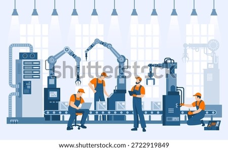 A team of repair technicians conducts diagnostics on a factory conveyor line. Concept of troubleshooting, repair and maintenance.