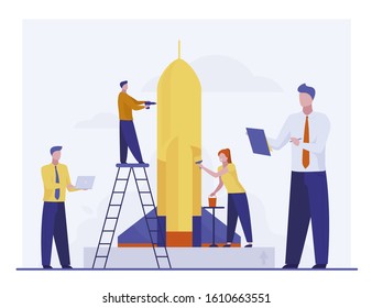 Team repairing and painting rocket for launch. Startup group, using laptop flat vector illustration. New project, business, idea concept for banner, website design or landing web page
