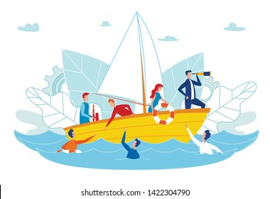 Team Rescuing People with Lifelines Flat Cartoon Vector Illustration. Men and Women in Float Boat. Man Standing in Boat and Looking through Telescope. Productive Teamwork. Saving Men in Water.