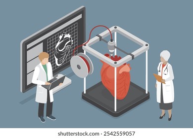 Ein Forscherteam druckt ein Modell eines Herzens auf einem 3D-Drucker. Konzept der medizinischen Druck von Organen für die Transplantation. Isometrische Vektorgrafik. SHOTLIST3Dprint