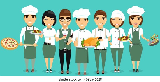The team of the restaurant workers stand side by side with each other. Professionals in their field. Employment in the service sector. Happy people.