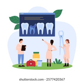 Team reviewing dental X-ray images, highlighting diagnostics, dental health, and treatment planning vector illustration.