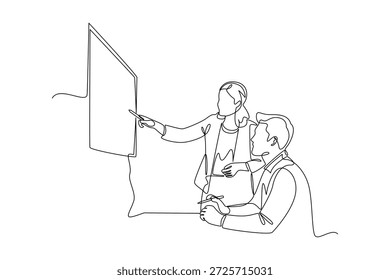 Team überprüft Präsentationsboard zusammen. Mitarbeiter, die an Concept arbeiten. Einzeiliges Zeichnungsdesign. Vektorgrafik