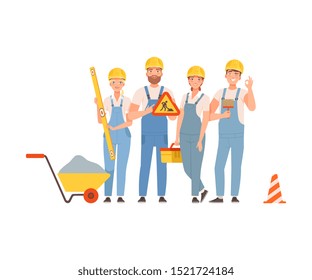 Team of road builders in blue overalls. Vector illustration.