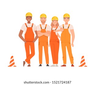 Team of road builders in orange overalls. Vector illustration.