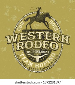 Team roping western cowboy rodeo vintage vector artwork for t shirt grunge effect in separate layers