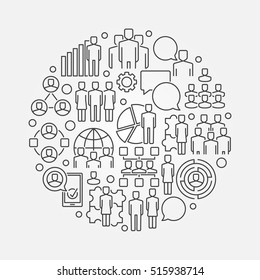 Team round line illustration. Vector outline circular teamwork sign made with icons of business people