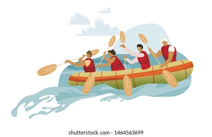 Team In Rowing Boat Cartoon Vector Illustration. Rafting Sports Competition In Wild River. People Group Wearing Lifesavers, Paddling Together. Extreme Hobby, Active Tourism, Dangerous Adventure