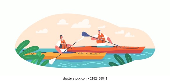 Team in Rowing Boat Rafting or Kayaking Sports Competition in Wild River. People Wearing Lifesavers Paddling in Canoe. Extreme Hobby, Active Tourism, Dangerous Adventure. Cartoon Vector Illustration