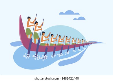 A team rowing  a snake boat. Concept for boat racing in the backwaters of Kerala