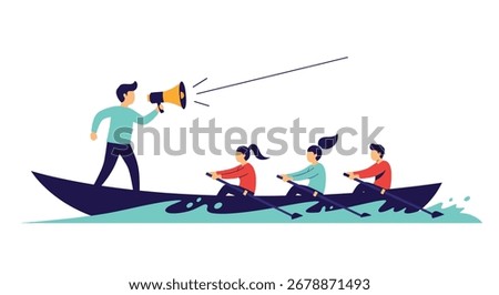 A team rowing together in a boat while a leader encourages them with a megaphone.