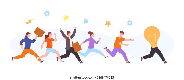 Team running to idea. Group work people catching bright lamp, business leader sustainable company hurry run after success, another burglar ideas pursuit target, vector illustration
