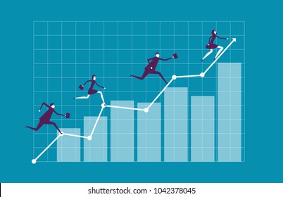 Team running on graph. Vector illustration teamwork business success concept.