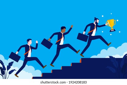 Team Running To The Top - Three Business People Running Up Stairs Towards Goal, Leader Has Trophy In Hand. Teamwork And Winning Concept. Vector Illustration.