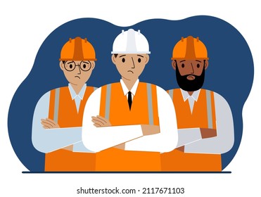 A team of sad construction workers in white and orange hard hats and orange vests. Engineer and builders.