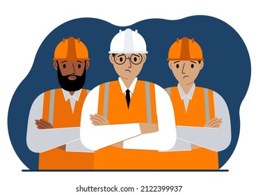 A team of sad construction workers in white and orange hard hats and orange vests. Engineer and builders. Vector flat illustration