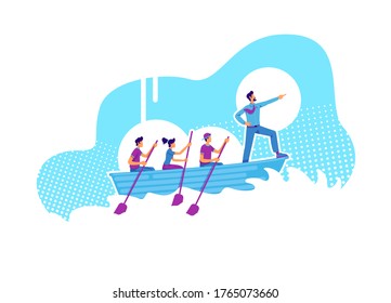 Team in sailing boat flat concept vector illustration. Teamwork and business mentoring 2D cartoon characters for web design. Company leader. Team building and career coaching creative idea