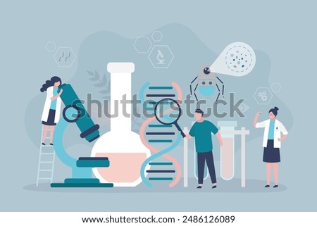 Team of scientist or doctors with smart nano robots do clinical and dna research, blood test. Nano tech laboratory. Scientific and medical research and treatment using nanobots, technology of future.