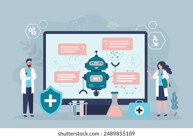 Team of scientist or doctors talking with smart chatbot. Clinical research. Nano tech laboratory. Scientific and medical research and treatment using robot, nanobots, technology of future. flat vector