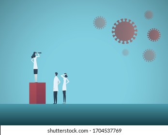 Team of scientist looking for cure or vaccine to fight coronavirus or covid-19 vector concept. Medical, research, laboratory concept. Eps10 illustration.