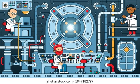 Team of scientists starts reactor in the control room of physics laboratory. Steampunk machine under control of scientists during experiment. Vector illustration.