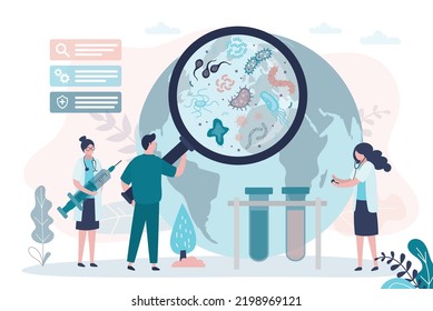 Team of scientists studying spread of viruses. Laboratory research by epidemiologists. Doctors trying to find vaccine. Man with magnifying glass studies structure of microbes. Flat vector illustration