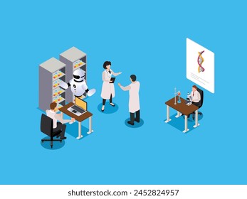 Team of scientists using AI in medicine 3d isometric vector illustration