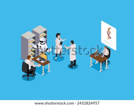 Team of scientists using AI in medicine 3d isometric vector illustration