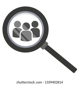 Team search icon. Look at people under a magnifying glass. Vector illustration on white background.