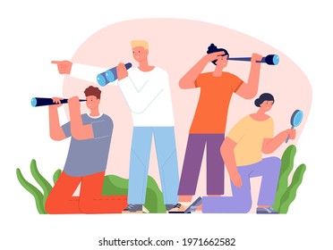 Team searching ideas. Boy search, flat people finding inspiration. Brain storming. Group holding magnifying glass and look around utter vector concept