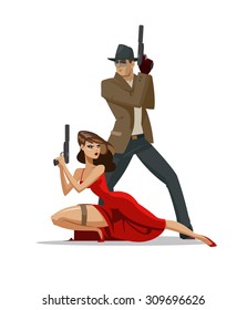 Team of secret agents. 007 Posing on camera. Sexual woman in red dress. Illustration
