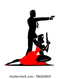 Equipo de agentes secretos. Posando en cámara. Mujer sexual con vestido rojo.  Ilustración
