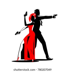Equipo de agentes secretos. Posando en cámara. Mujer sexual con vestido rojo.  Ilustración