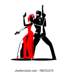 Team of secret agents. Posing on camera. Sexual woman in red dress. Illustration