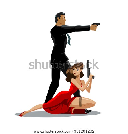 Team of secret agents. Posing on camera. Sexual woman in red dress. Illustration