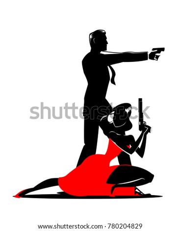 Team of secret agents. Posing on camera. Sexual woman in red dress. Illustration