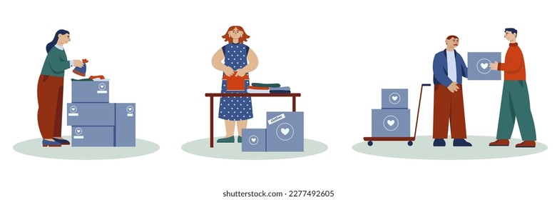 Team sending humanitarian aid. Charity donation, boxes with clothes to people in need. Volunteer help and support. Color set vector graphic, flat art collection, cartoon illustration