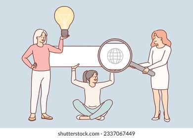 Team of SEO specialists are engaged in search engine optimization of website and hold magnifying glass and light bulb in hands. Three women recommend SEO for your product to increase search traffic